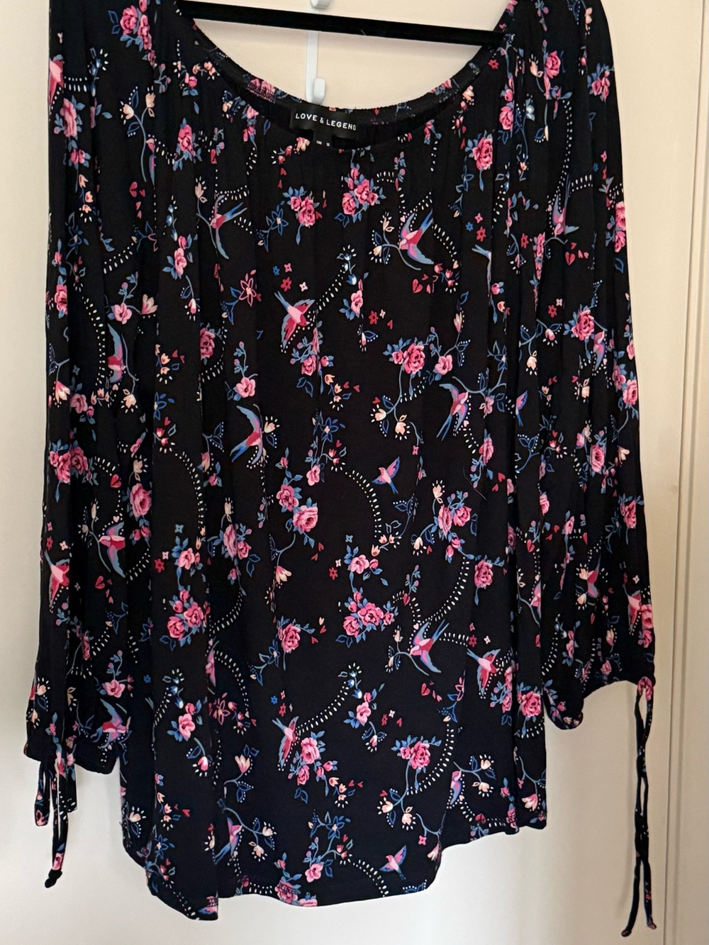 Love & Legend Black Floral & Bird Tie-Sleeve off the shoulder top